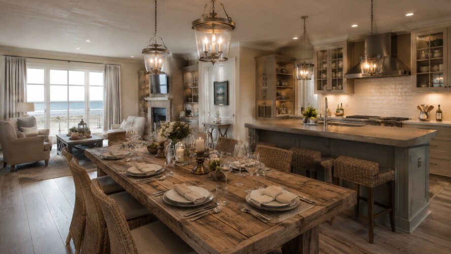 Gemütliche Landhausküche mit großem Esstisch und Kaminecke im Ferienhaus