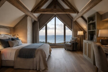 Rustikales Schlafzimmer mit Dachbalken und Meerblick durch das Spitzfenster
