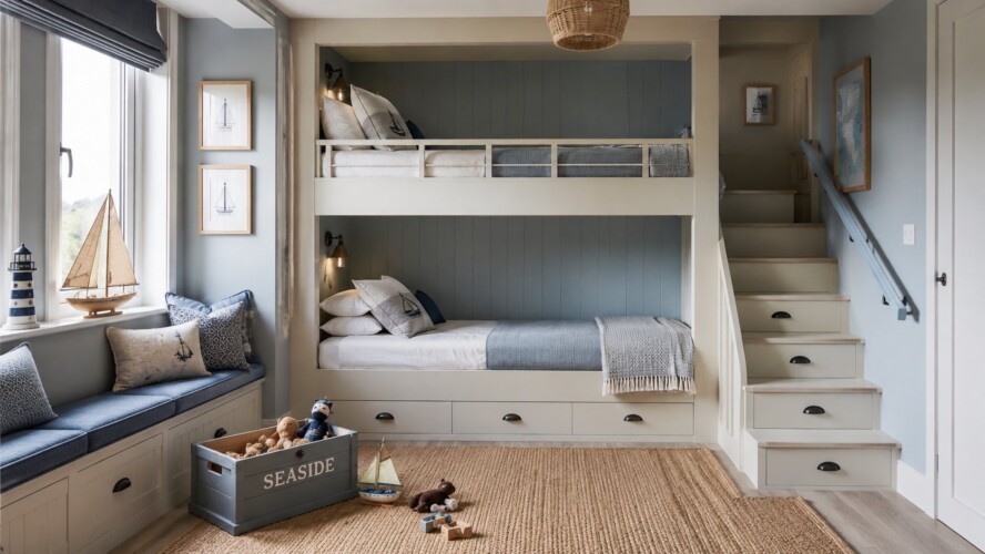 Maritimes Kinderzimmer mit eingebautem Etagenbett und Treppe