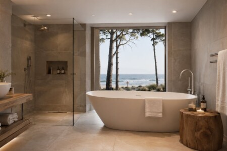 Spa-Badezimmer mit freistehender Wanne und Meerblick