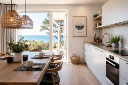 Helle Küche mit Esstisch und Meerblick in der Ferienwohnung