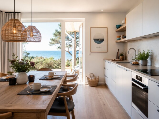 Helle Küche mit Esstisch und Meerblick in der Ferienwohnung