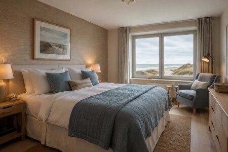 Gemütliches Schlafzimmer mit blauer Tagesdecke und Meerblick