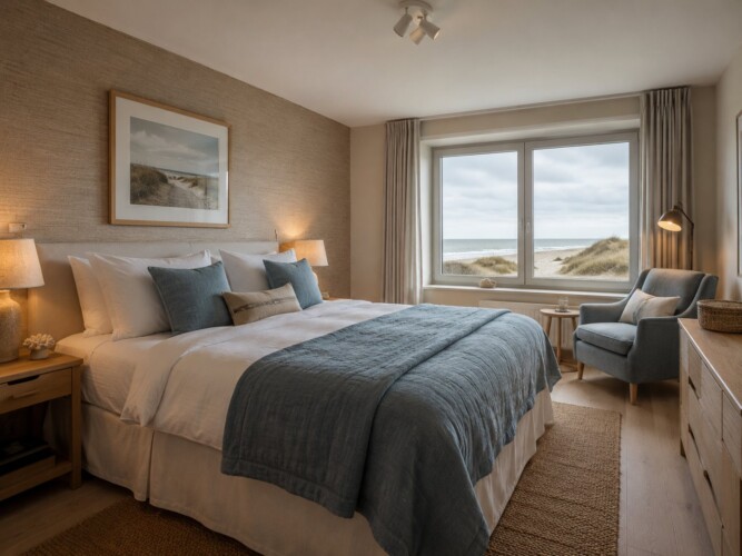 Gemütliches Schlafzimmer mit blauer Tagesdecke und Meerblick