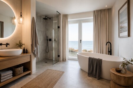 Modernes Badezimmer mit Dusche und Badewanne und Meerblick