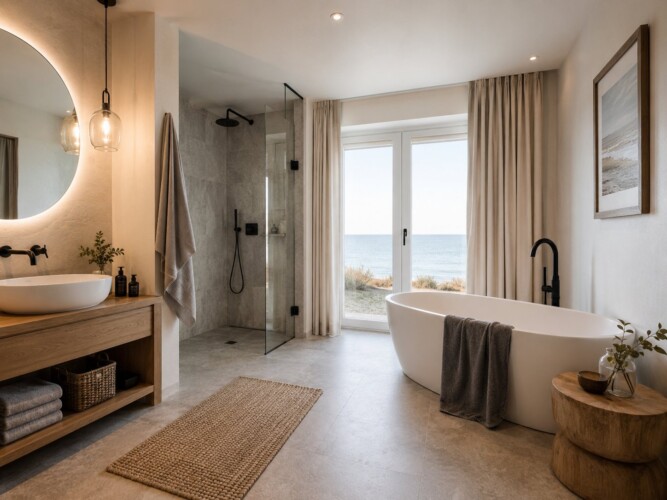 Modernes Badezimmer mit Dusche und Badewanne und Meerblick