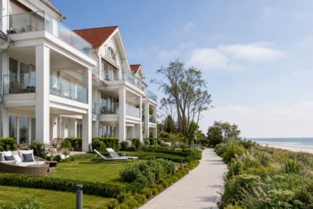 Weiße Strand-Apartmenthäuser im Bäderstil direkt am Meer